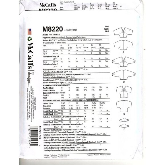 McCalls M8220 Misses L to XXL Casual Loose Fitting Tops Uncut Sewing Pattern - Picture 2 of 2